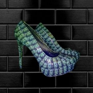 Size 10 Money Heels Blue 100 Dollar BIlls Shoes